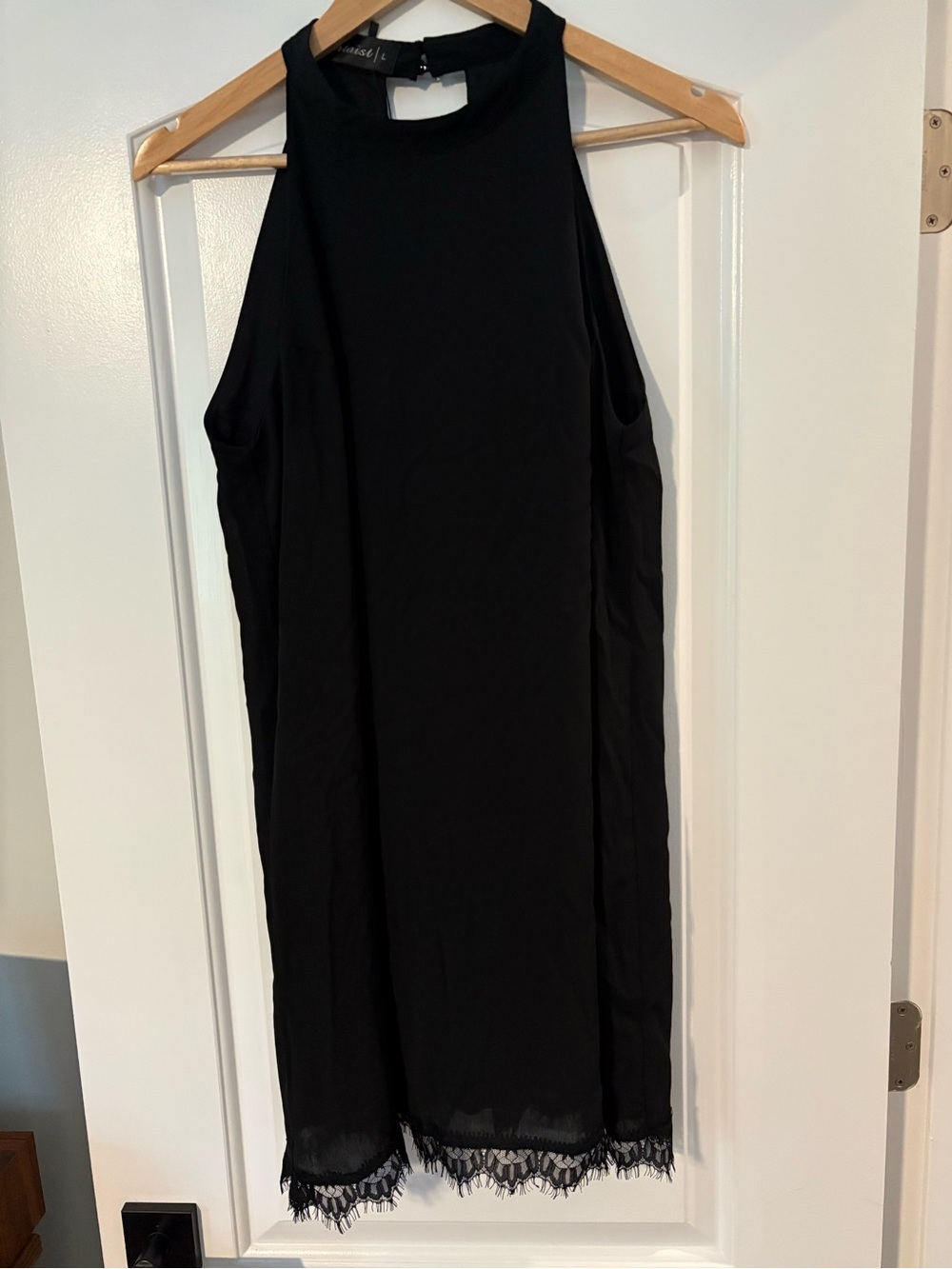 Black Sleeveless Shift Dress with Lace Hem